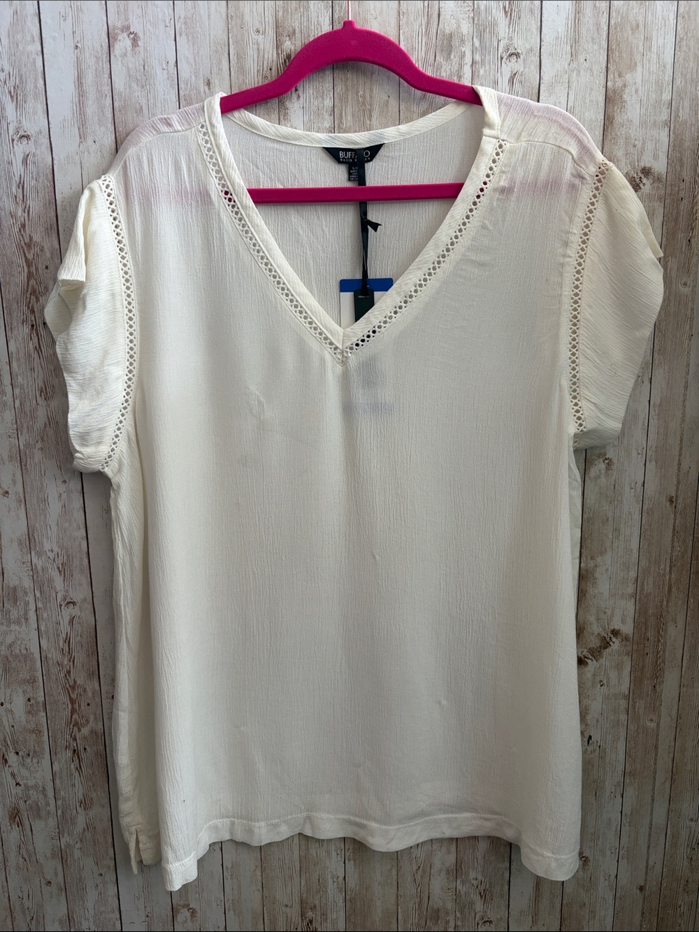 Buffalo David Burton Ivory V-Neck Blouse with Lace Trim